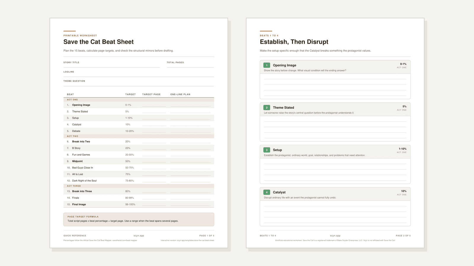 Two-page preview of the printable Save the Cat beat sheet worksheet