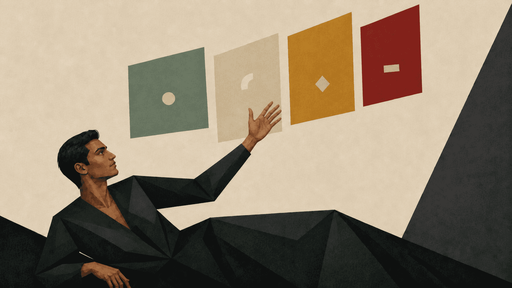 A South Asian man arranging four translucent story sections