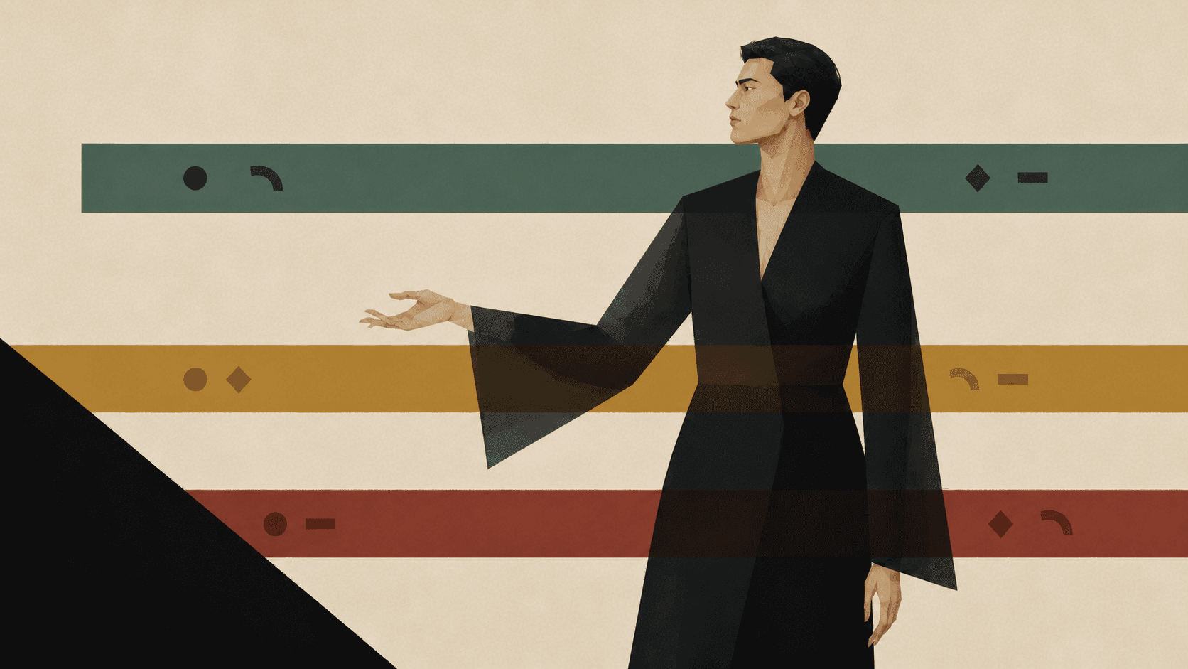An East Asian man guiding story events across three structural bands