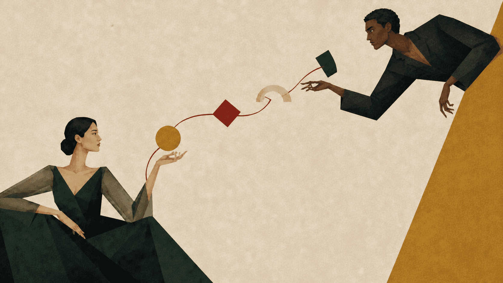 An East Asian woman and Black man joined by a sequence of abstract story events