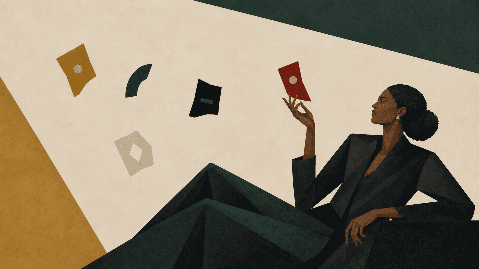 A Black woman writer surrounded by five abstract scene fragments