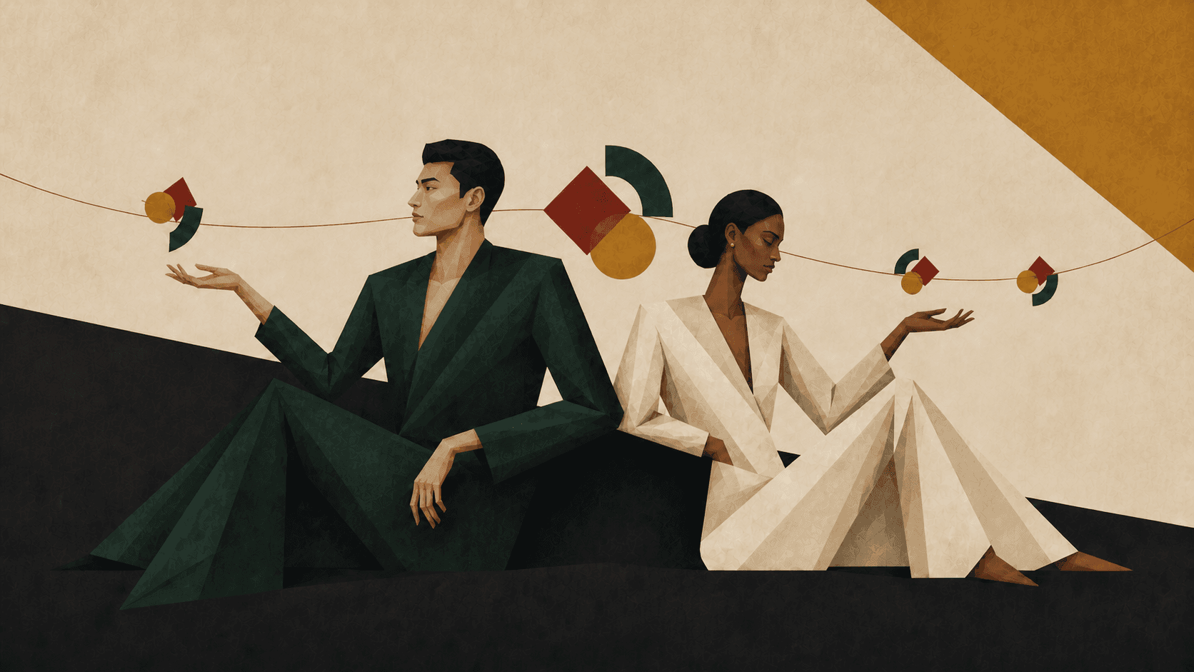 An East Asian man and Black woman sharing one story motif and matching copies