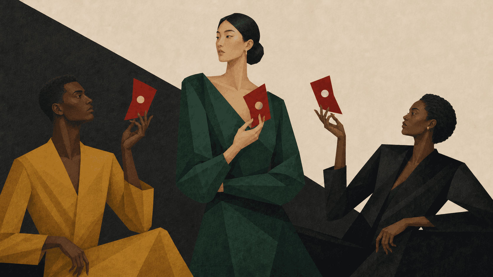 A Black man, East Asian woman, and Black woman holding the same shared story motif